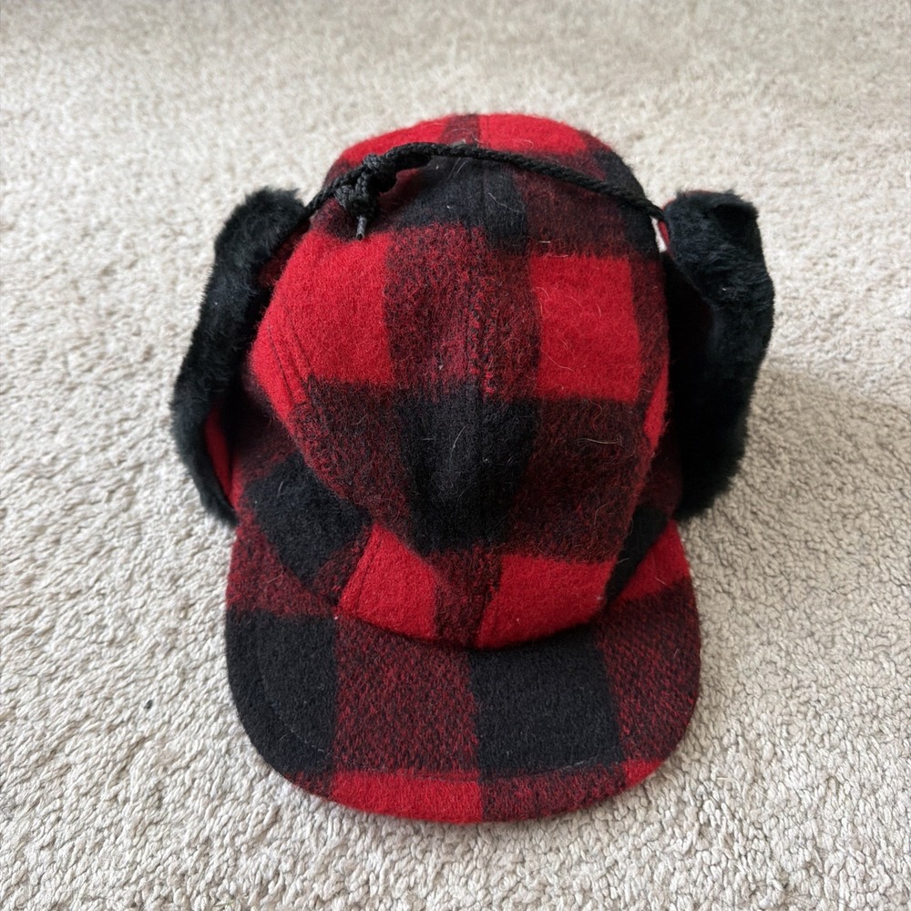 Woolrich XL Fits 22" Red Black Buffalo Plaid Hunting Cap  Ear Flaps Vintage